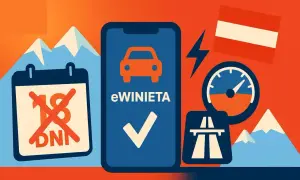 Kupujesz winiety Słowenia przez aplikację? Kalendarz z przekreślonym 18 dniem, symbol samochodu i autostrady sugerują łatwy zakup e-winiety.