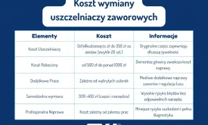 Tabela przedstawia koszt wymiany uszczelniaczy zaworowych, uwzględniając ceny części, robocizny i dodatkowych prac.