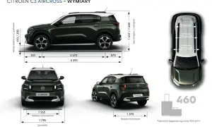 Citroën C3 Aircross wymiary: długość 4395 mm, szerokość 1795 mm, wysokość 1633-1660 mm. Bagażnik 460 dm³.