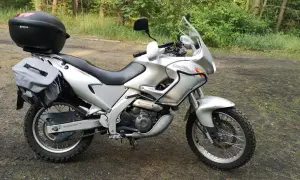 Srebrny motocykl Aprilia Pegaso 650 z kufrem i sakwami, gotowy na przygodę w lesie.