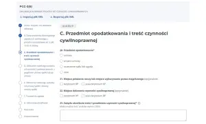 Formularz PCC-3(6) - krok 3 z 9, dotyczy przedmiotu opodatkowania i treści czynności cywilnoprawnej.