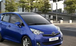Niebieski Toyota Verso S z czarnym dachem zaparkowany przed nowoczesnym budynkiem.