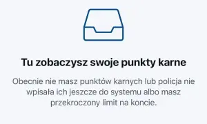 Ikona dokumentu z tekstem "Tu zobaczysz swoje punkty karne". Obecnie nie masz punktów karnych lub policja nie wpisała ich jeszcze do systemu albo masz przekroczony limit na koncie. Taryfikator punktów karnych.