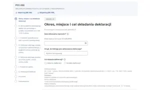 Formularz PCC-3: Okres, miejsce i cel składania deklaracji, pole daty, urzędu i celu złożenia.