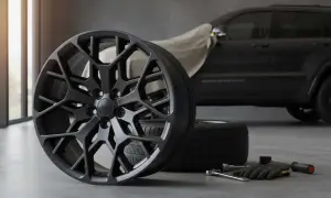 Nowa felga do Jeep Grand Cherokee 3.6, obok opon i narzędzi.