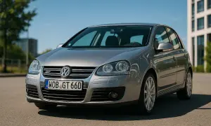 Srebrny Volkswagen Golf V z niemieckimi tablicami rejestracyjnymi na tle budynku.
