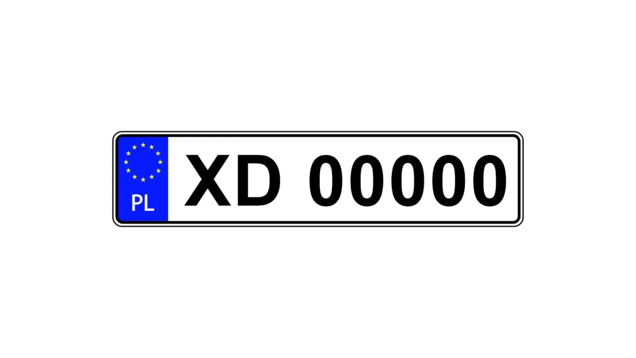Tablica rejestracyjna z oznaczeniem PL i numerem XD 00000.
