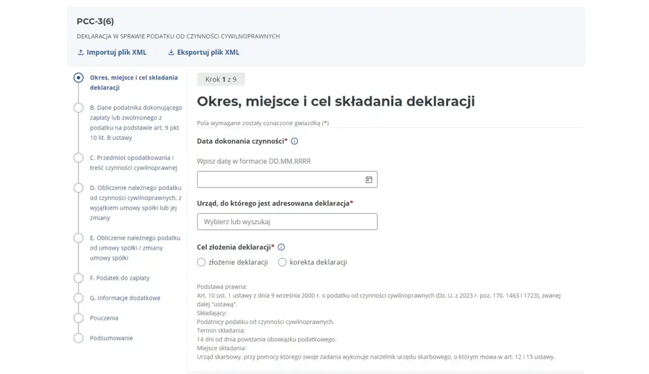 Formularz PCC-3: Okres, miejsce i cel składania deklaracji, pole daty, urzędu i celu złożenia.