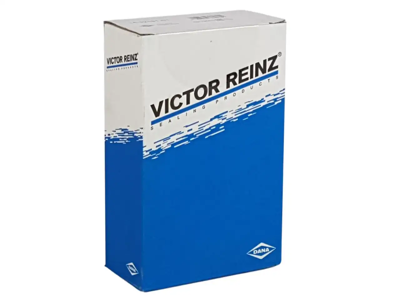 Niebiesko-białe pudełko z logo VICTOR REINZ, zawierające uszczelki.