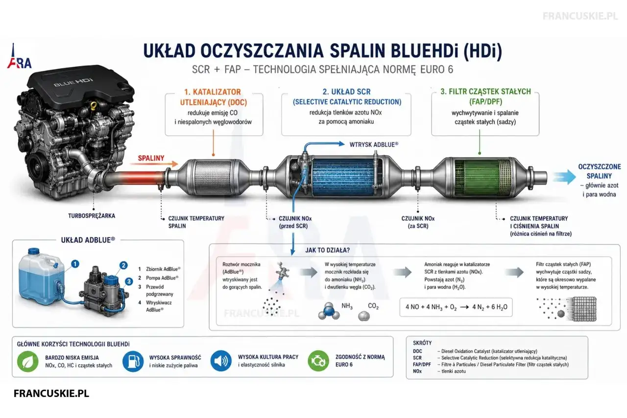 Schemat układu oczyszczania spalin w silniku wysokoprężnym BlueHDi. Pokazuje on działanie katalizatora utleniającego, układu SCR i filtra cząstek stałych.