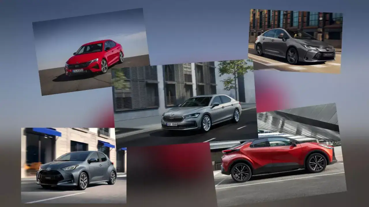 Kolaż samochodów: czerwona Skoda, szara Toyota Yaris, srebrna Skoda, szara Toyota Corolla. Poznajcie vehis opinie o tych modelach.