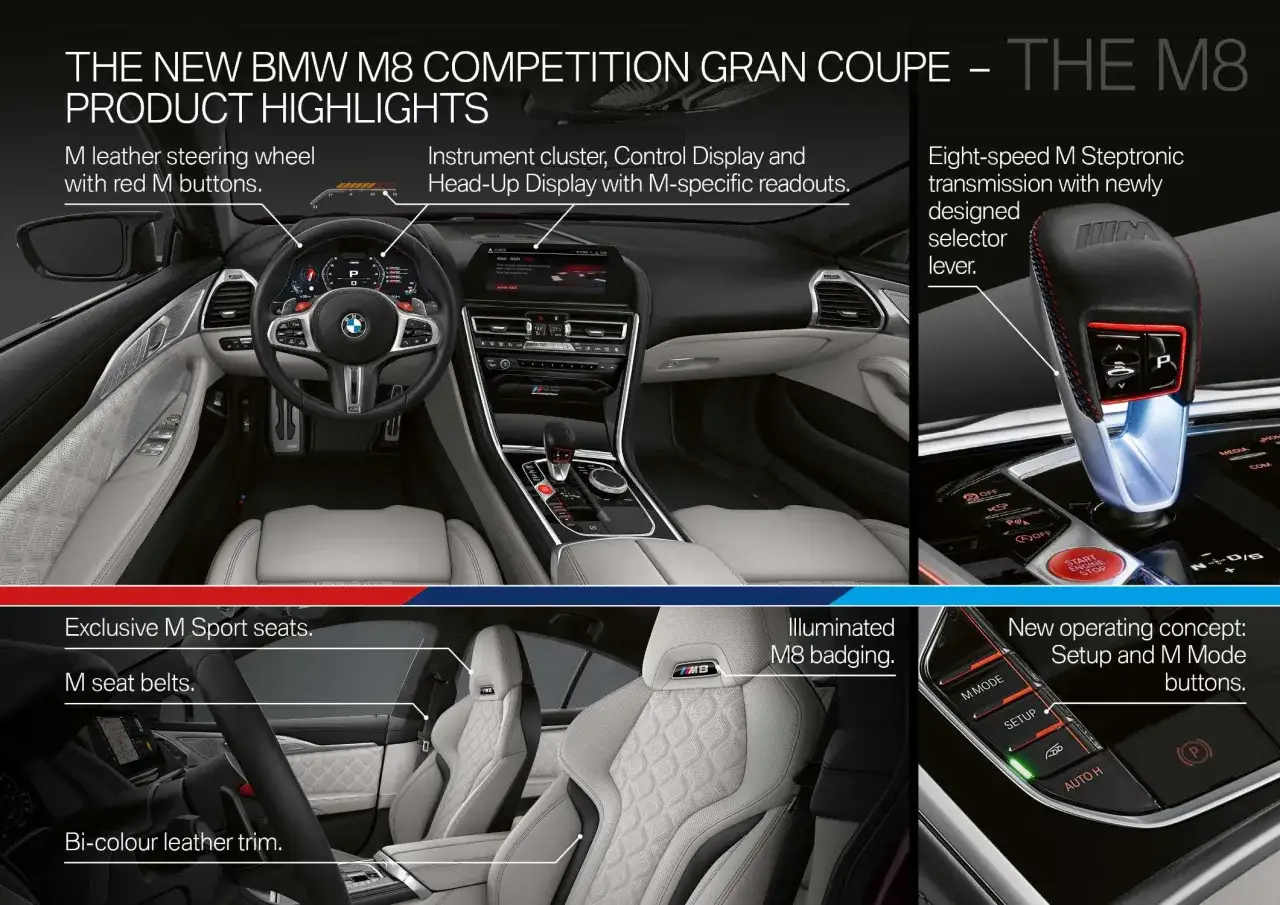 Wnętrze BMW M8 Competition: skórzana kierownica M, wyświetlacz, fotele M Sport. Poznaj szczegóły, które wpływają na BMW M8 cena.