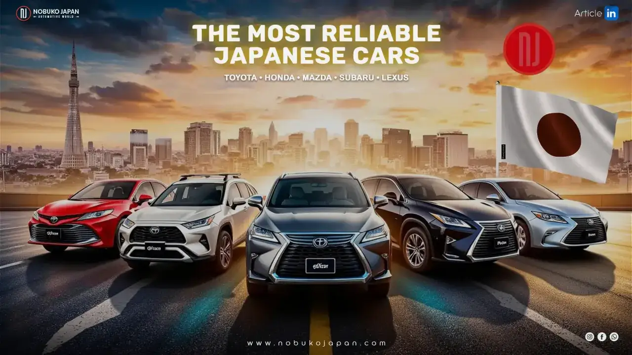 Pięć niezawodnych japońskich aut: Toyota, Lexus i inne, na tle panoramy Tokio.