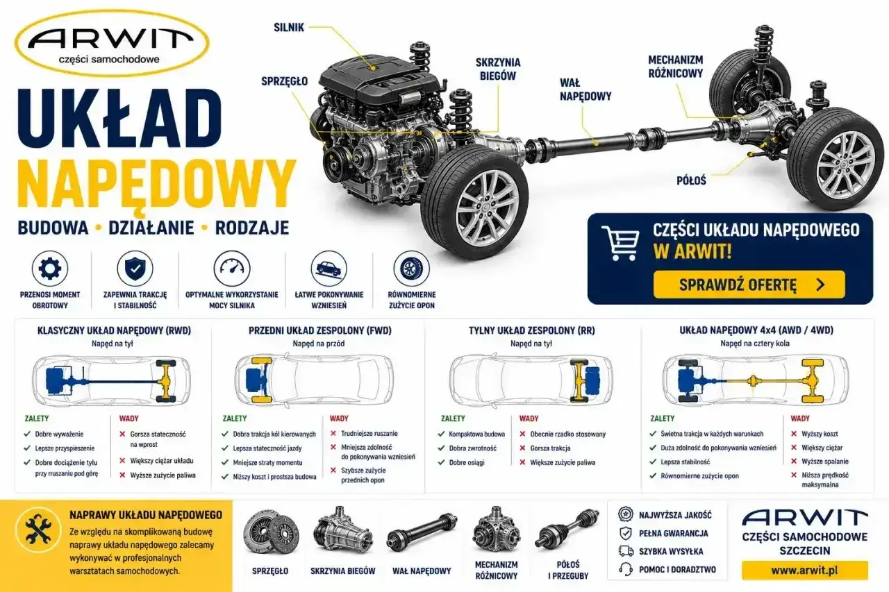 Schemat układu napędowego z elementami: silnik, sprzęgło, skrzynia biegów, wał napędowy, mechanizm różnicowy, półosie. Opisuje rodzaje napędów: RWD, FWD, RR, 4x4.
