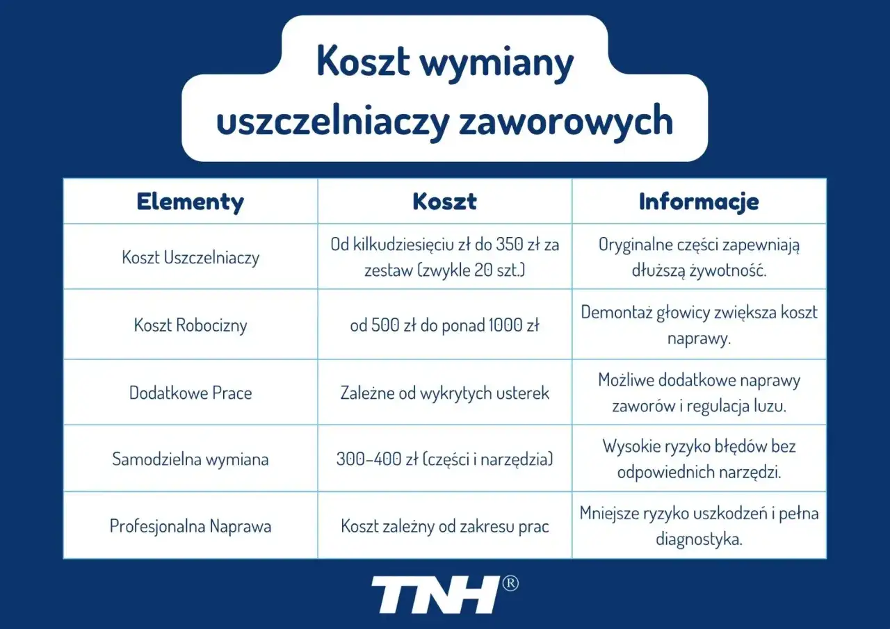 Tabela przedstawia koszt wymiany uszczelniaczy zaworowych, uwzględniając koszt części, robocizny i dodatkowych prac.