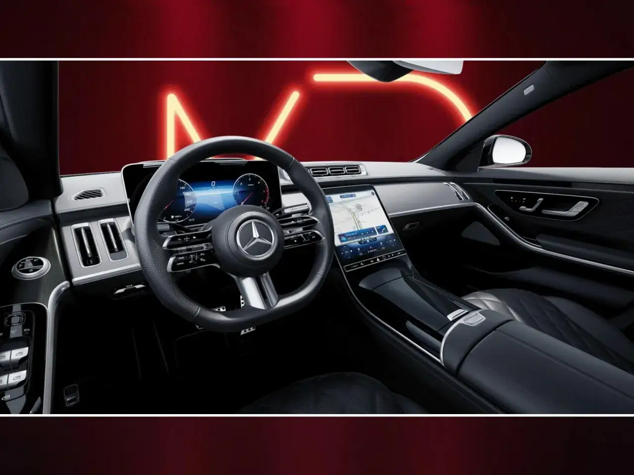 Wnętrze luksusowego Mercedesa w223 z nowoczesnym kokpitem i ekranami.