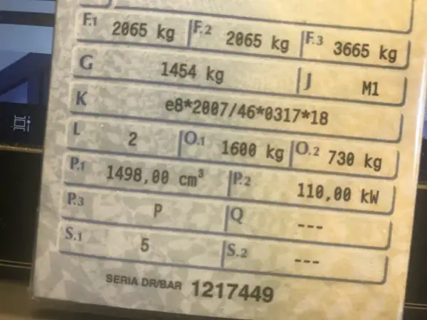 Szczegóły pojazdu z dowodu rejestracyjnego: masa własna 1454 kg, dopuszczalna masa całkowita 3665 kg, moc 110 kW.