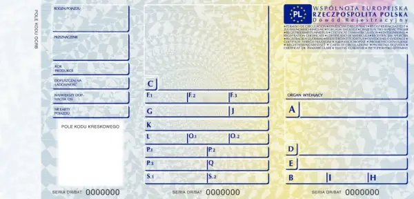 Fragment dowodu rejestracyjnego pojazdu. Sprawdź, czy trzeba mieć przy sobie dowód rejestracyjny, gdy jedziesz samochodem.