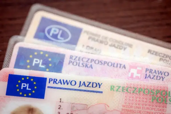 Stos polskich praw jazdy, widoczne fragmenty dokumentów z oznaczeniem "PL".