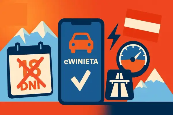 Kupujesz winiety Słowenia przez aplikację? Kalendarz z przekreślonym 18 dniem, symbol samochodu i autostrady sugerują łatwy zakup e-winiety.