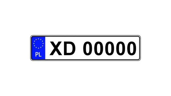 Tablica rejestracyjna z oznaczeniem PL i numerem XD 00000.