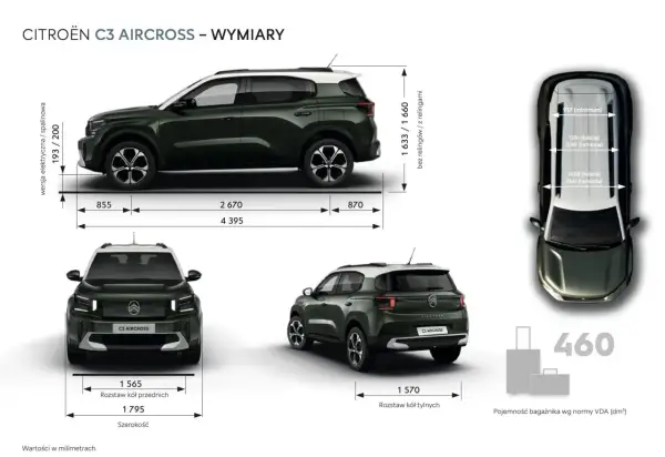 Citroën C3 Aircross wymiary: długość 4395 mm, szerokość 1795 mm, wysokość 1633-1660 mm. Bagażnik 460 dm³.