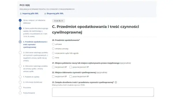 Formularz PCC-3(6) - krok 3 z 9, dotyczy przedmiotu opodatkowania i treści czynności cywilnoprawnej.