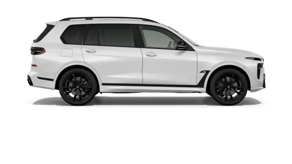 Białe BMW X7 M60i z czarnymi felgami i detalami. Luksusowy SUV gotowy na każdą podróż.