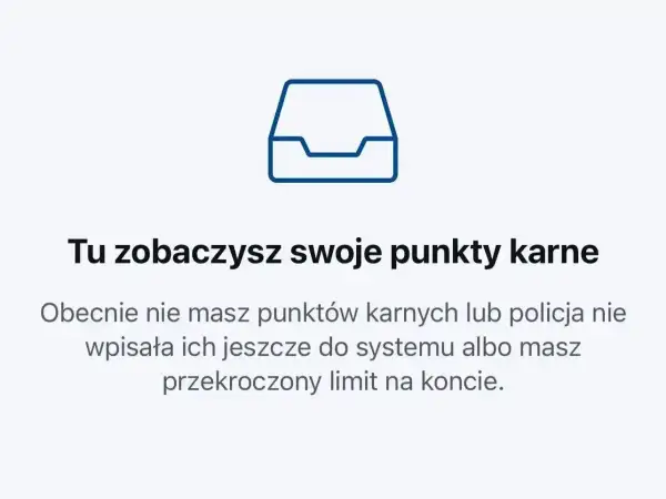 Ikona dokumentu z tekstem "Tu zobaczysz swoje punkty karne". Obecnie nie masz punktów karnych lub policja nie wpisała ich jeszcze do systemu albo masz przekroczony limit na koncie. Taryfikator punktów karnych.