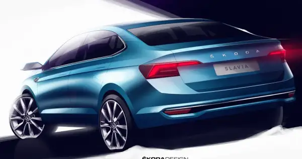Niebieska Skoda Slavia na szkicu designerskim, widok z tyłu. Elegancka linia nadwozia i nowoczesne światła.