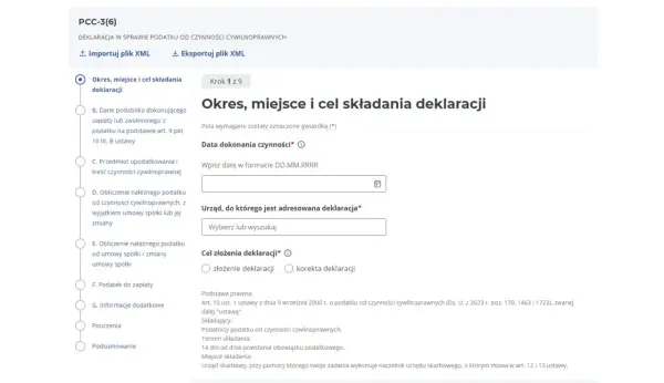 Formularz PCC-3: Okres, miejsce i cel składania deklaracji, pole daty, urzędu i celu złożenia.