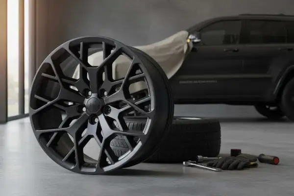 Nowa felga do Jeep Grand Cherokee 3.6, obok opon i narzędzi.