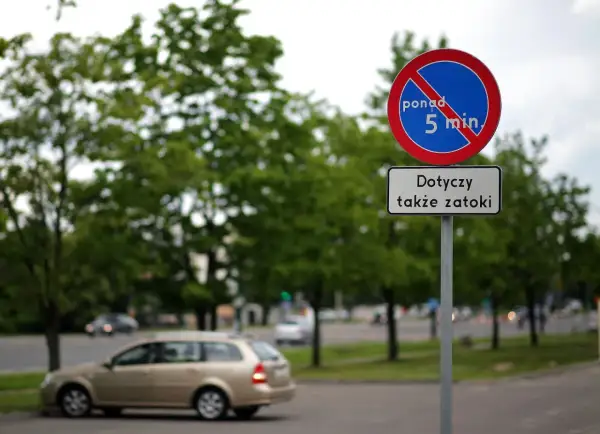 Znak zakazu postoju powyżej 5 minut, dotyczy także zatoki.