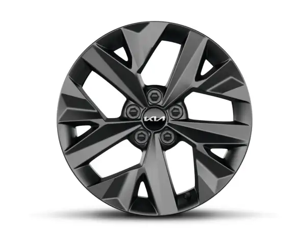 Ciemnoszara felga Kia Sportage GT Line z pięcioramiennym, geometrycznym wzorem i nowym logo Kia.