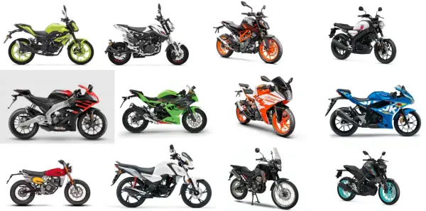 Kolaż zdjęć różnych motocykli, w tym sportowych i naked bike'ów.