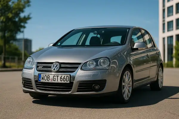 Srebrny Volkswagen Golf V z niemieckimi tablicami rejestracyjnymi na tle budynku.